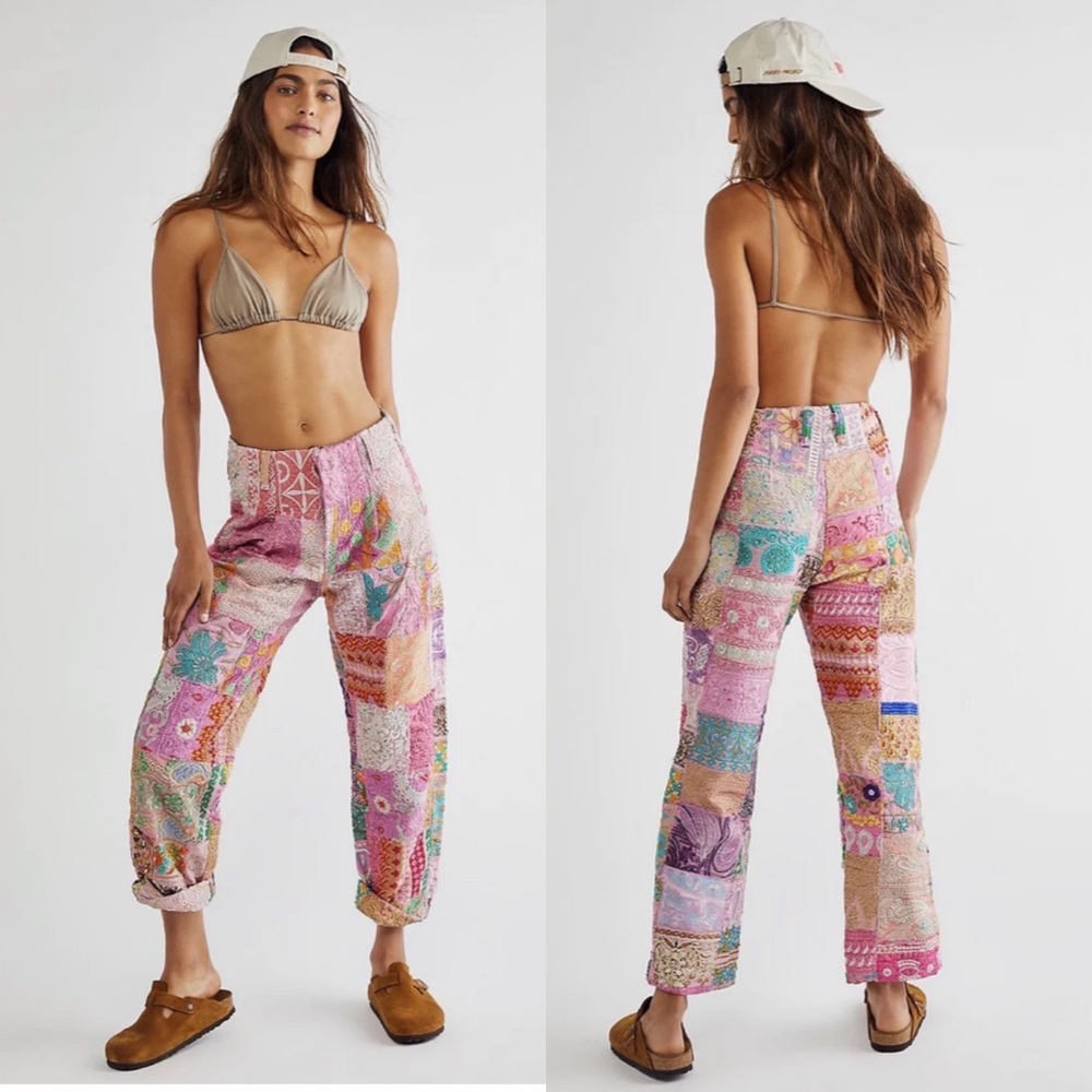 New MOMO New York Raya Embroidered Patchwork Straight Leg Pants Size XS